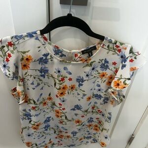 Dynamite Cream Floral Ruffle Sleeve Blouse with Blue & Orange Blooms